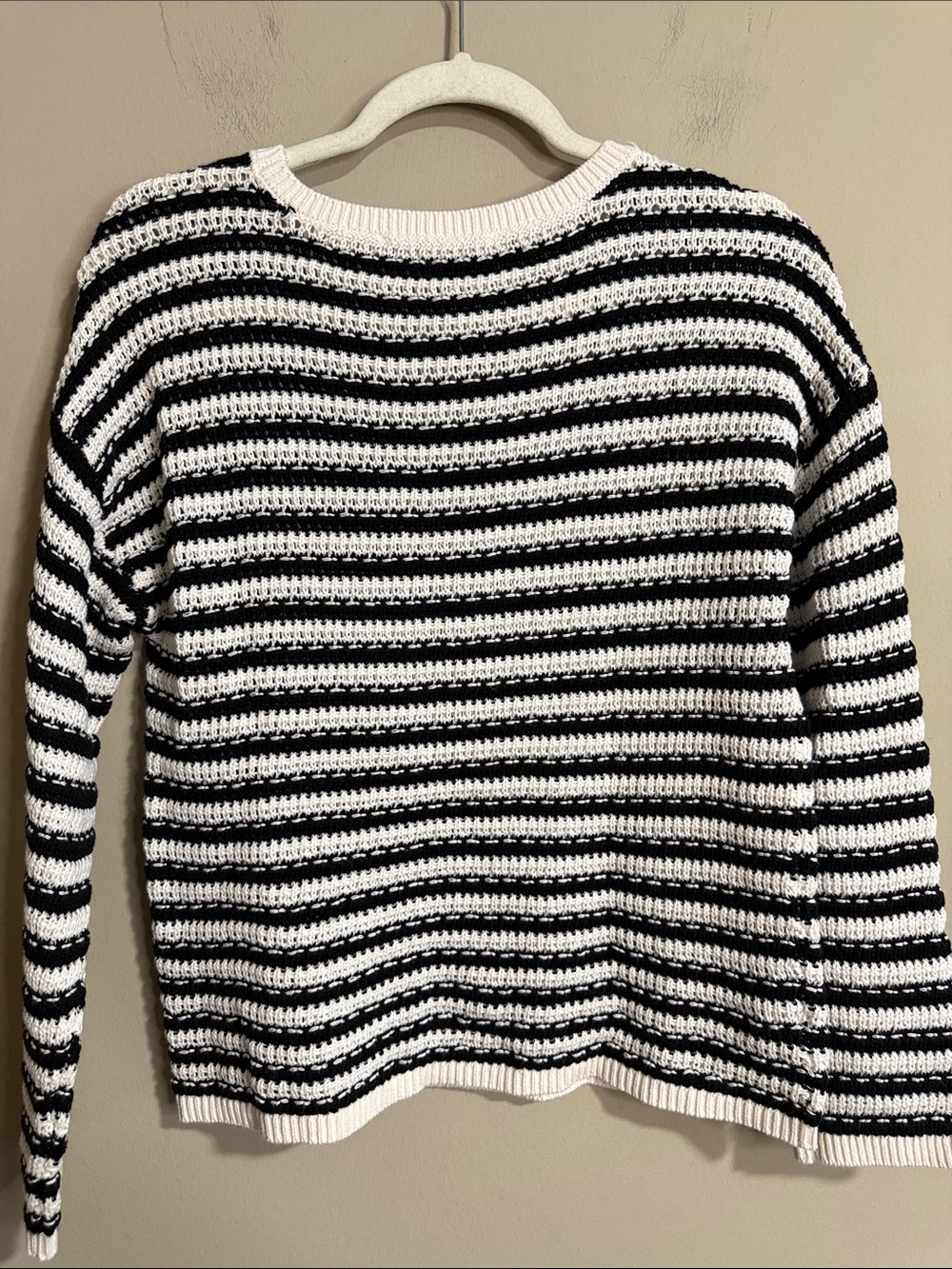LOFT Petites MP Black Cream Striped 100% Cotton Open Knit Sweater - Picture 6 of 6